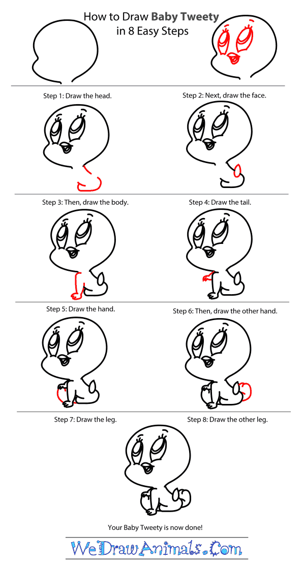 How to Draw Baby Tweety Bird From Looney Tunes - Step-by-Step Tutorial