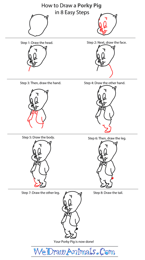 How to Draw Porky Pig From Looney Tunes - Step-by-Step Tutorial